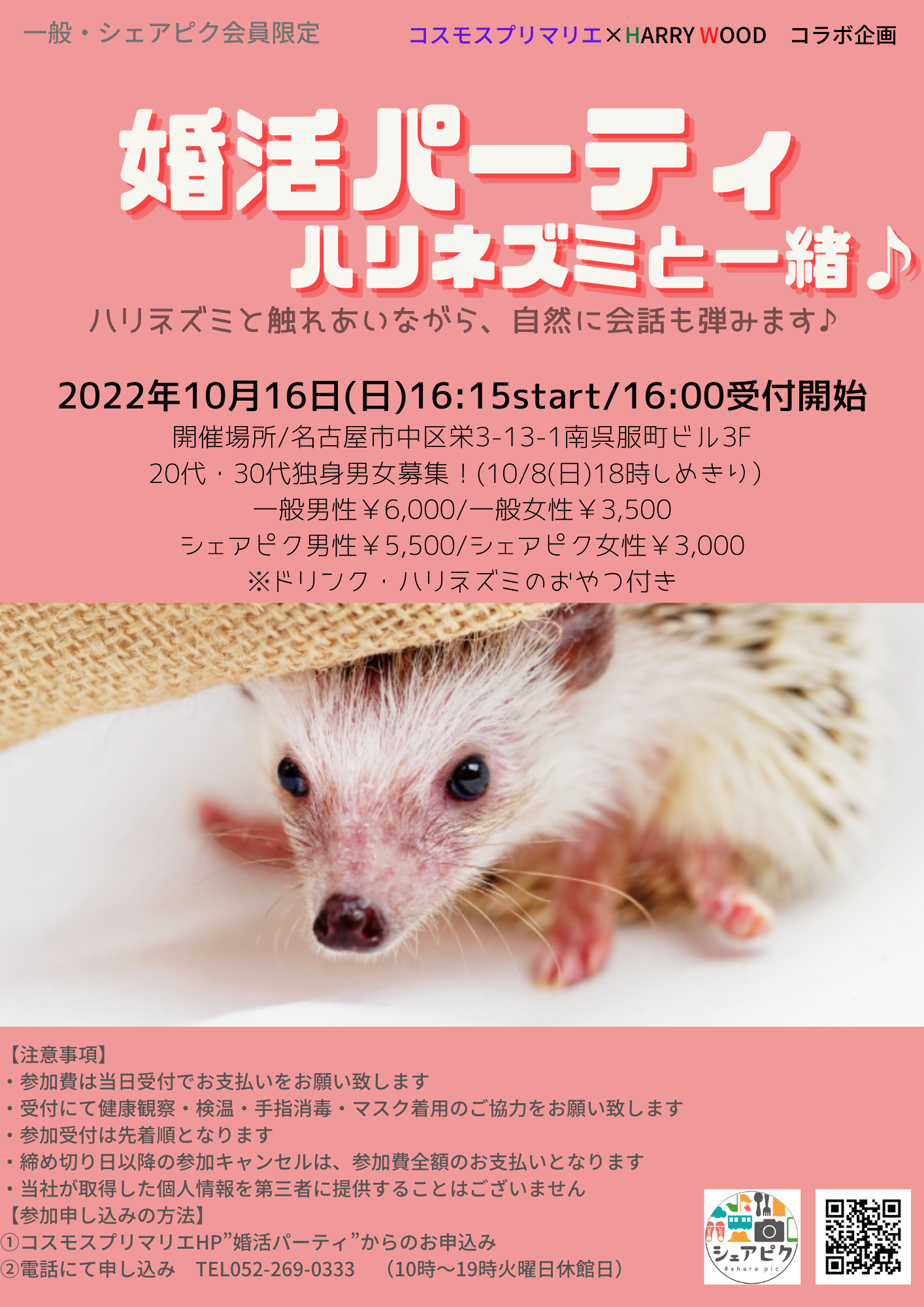 イベントNO.【49】10/16(日)ハリネズミ&婚活パーティ ハリネズミと一緒♪ 20代・30代限定